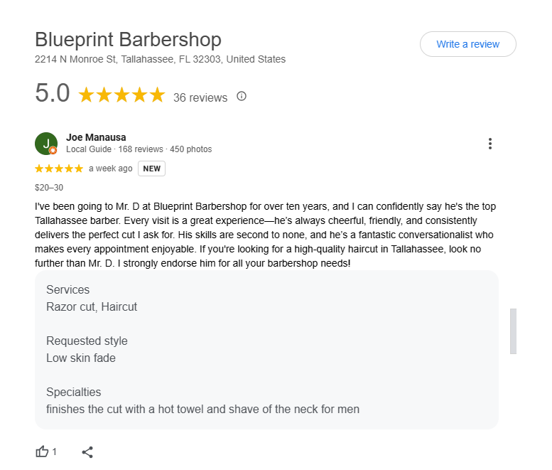 5-star google review.